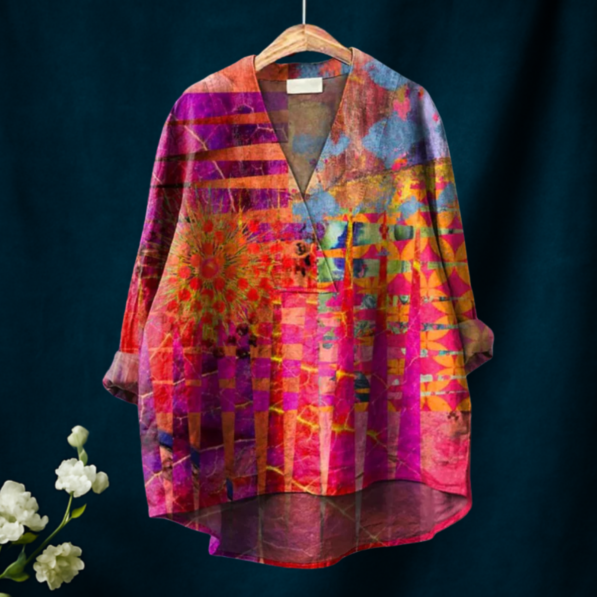 Emma | Geometric Pattern Printed V-neck Shirt